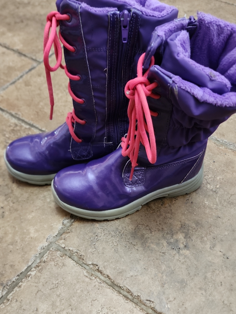 Target HTF Kids Winter Boots Purple Patent Pink Laces Faux Fur Sz 1 EUC/Like New